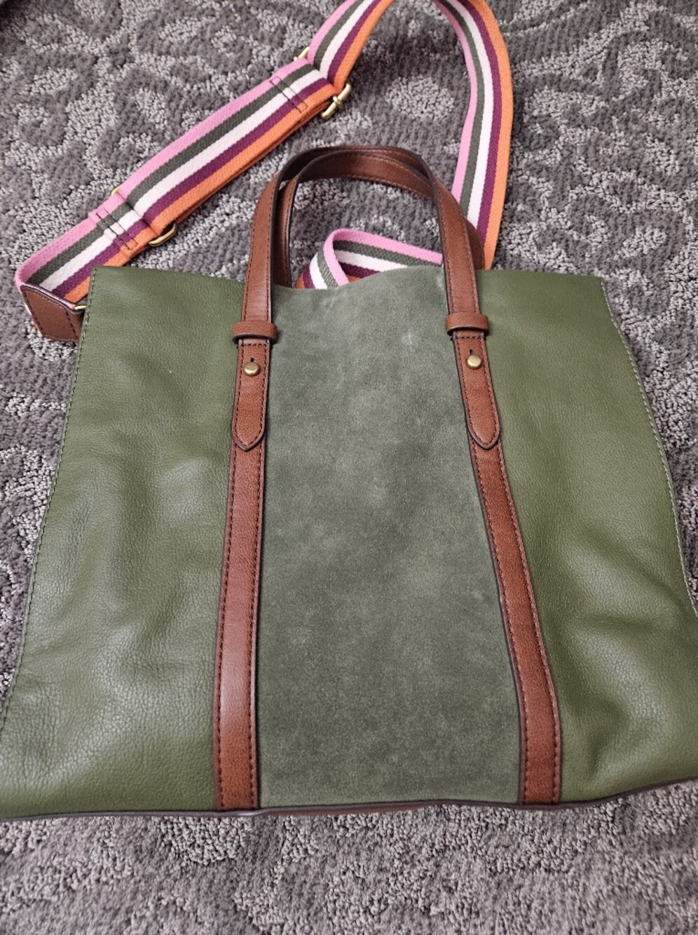 FOSSIL Kingston Leather Suede Tote Bag Olive Green - Picture 5 of 6